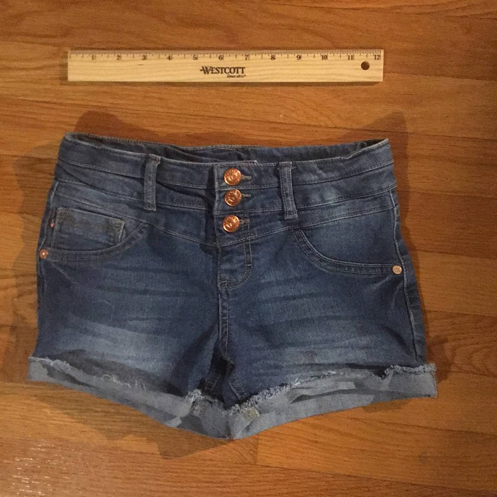 Vigoss medium-dark wash three button jean shorts